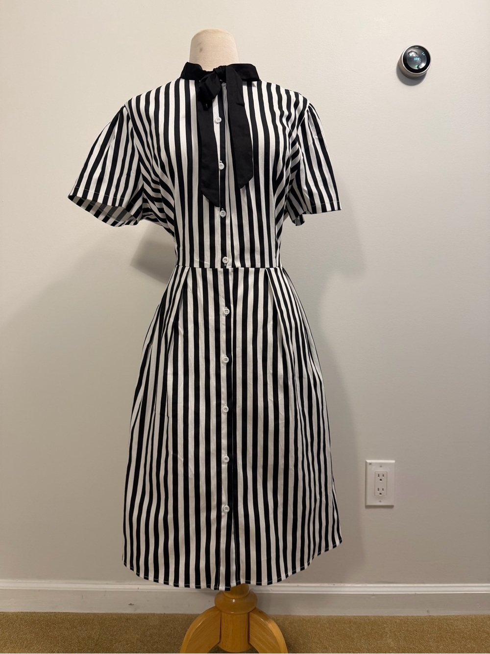 Black & White Vertical Stripe Gothabilly Dress with Neck Tie